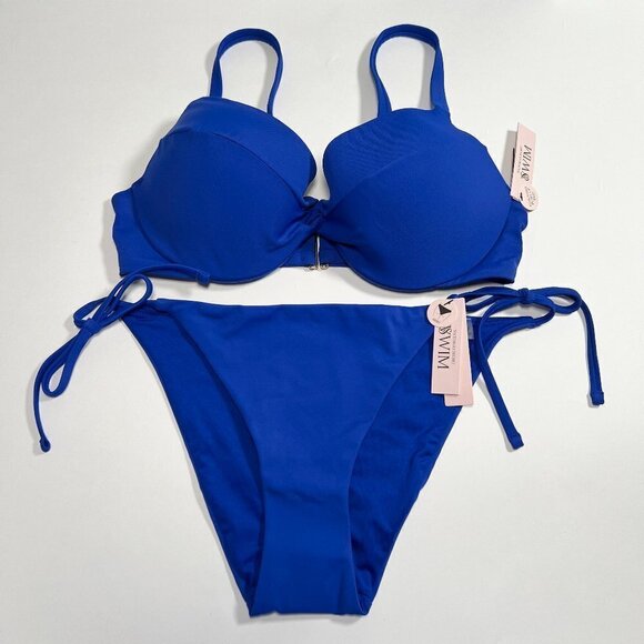 Victoria Secret 32A S Twist Front Push Up Bikini Top Cheeky Bottom Set Blue Oar - Picture 2 of 8